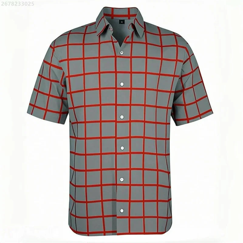 Men's short-sleeved Hawaiian style plaid shirt in red and blue, breathable casual shirt with lapel, suitable for streetwear and vacations.