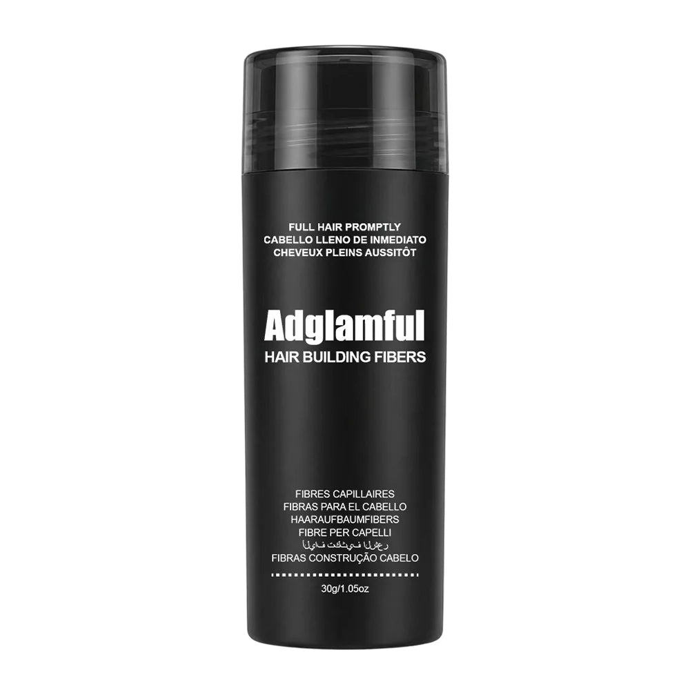 Showlu Smart General Hair Fiber Volume Powder 30g for thicker, fuller hair, shown in a clear container with dark hair strands.