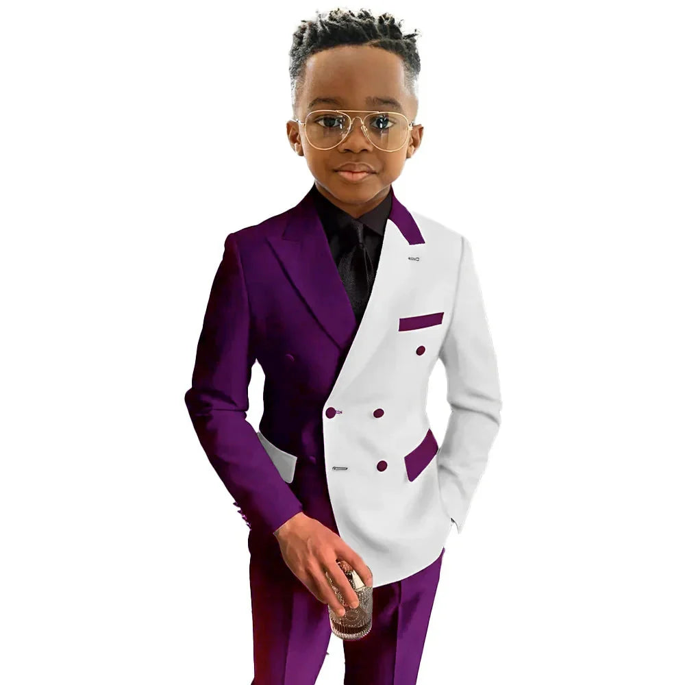 SHOWLU boys 2-piece double-breasted wedding tuxedo suit in cotton wool, featuring a classic design with matching jacket and pants.
