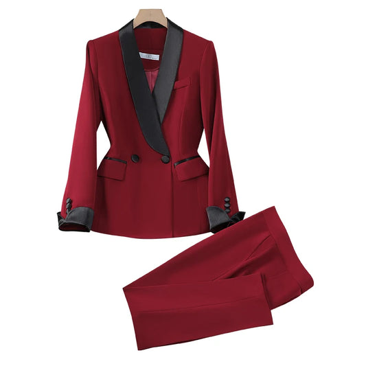 Autumn Winter 2024 New Black Red Patchwork Elegant Button Blazer Tops And Ankle-length Pant Two Piece Set Korean Office Outfits