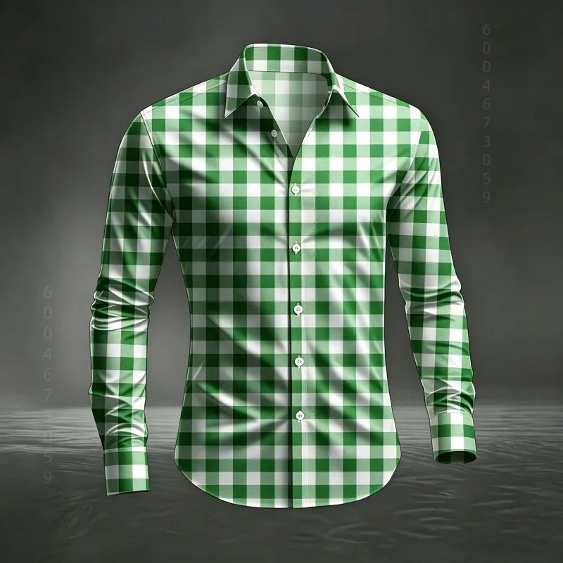 2026 Men's New Classic Plaid Shirt with Plaid Printing, Slim Fit Collar Long Sleeve Shirt, Men's Top, Comfortable Fabric XS-6XL