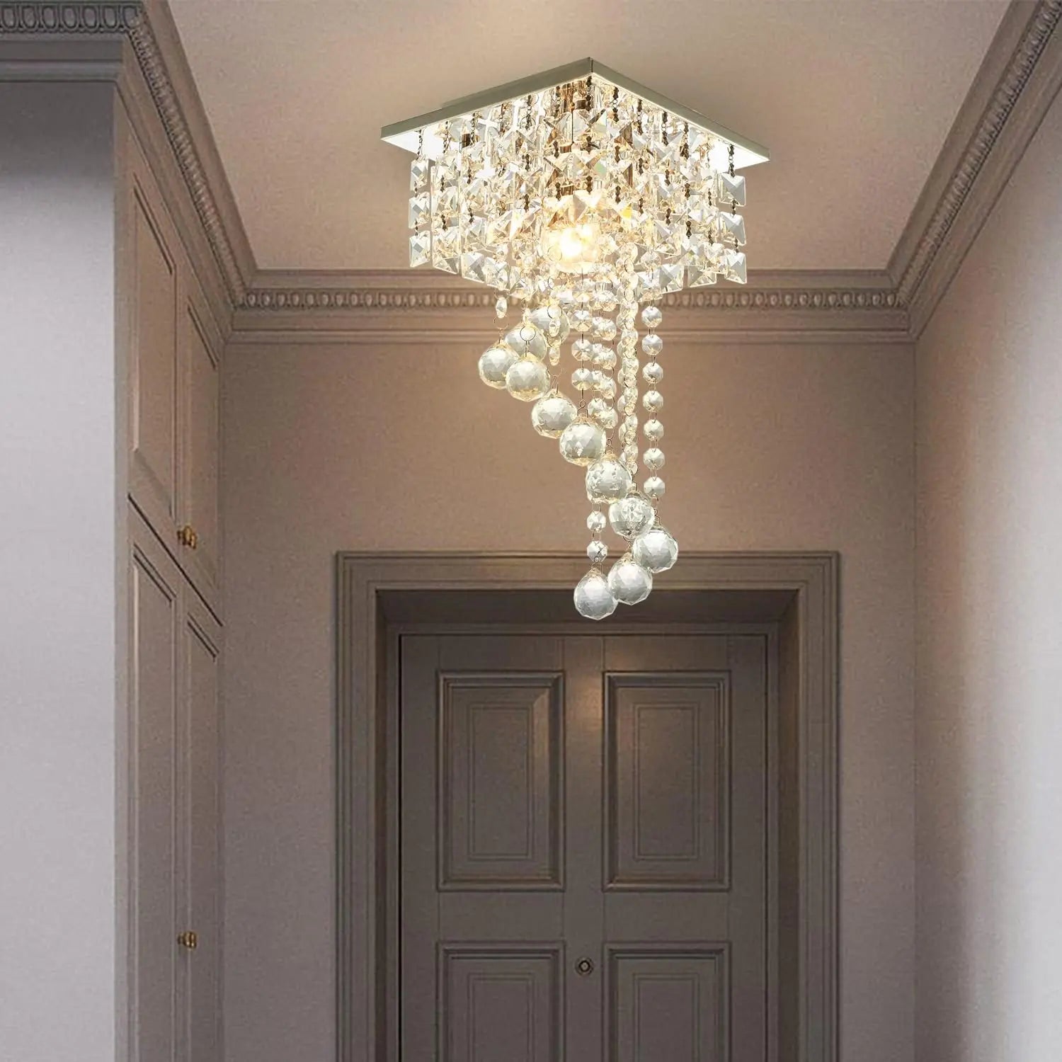 Mini crystal chandelier by Showlu Fashion Store, 7.9-inch square flush mount ceiling light with K9 crystals and stainless steel frame.