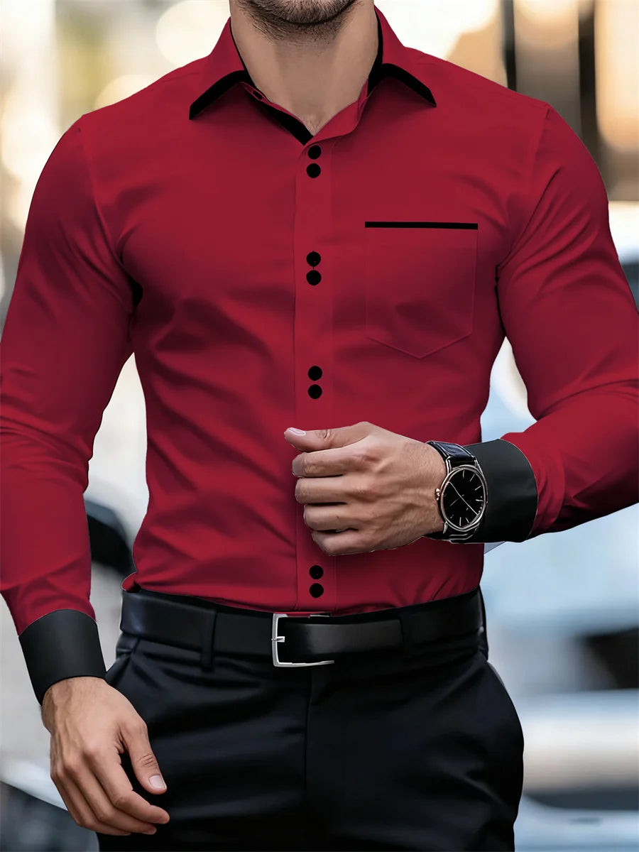 Men's black and white color block collar long sleeve shirt with slim fit, wrinkle-free patchwork design, stylish men's fashion top