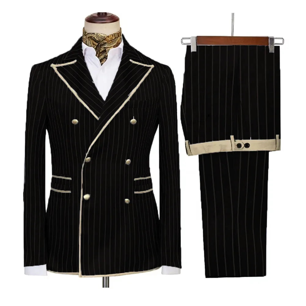 Slim striped men's double-breasted suit with peak lapel blazer and matching pants, stylish formal and casual tuxedo by Showlu Fashion