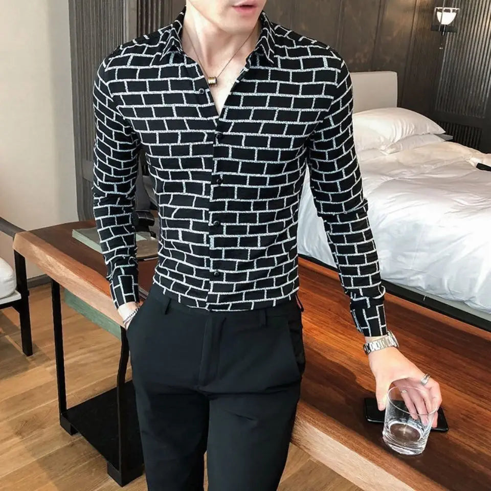Korean style men's plaid long-sleeved slim casual shirt in fashionable design with a modern fit and stylish pattern.