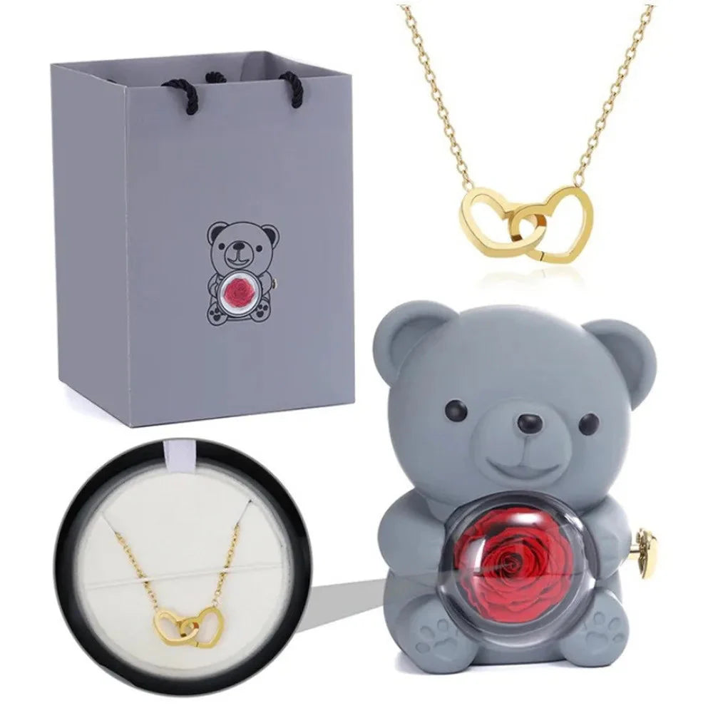 SHOWLU FASHION STORE Teddy Bear Rose Jewelry Box with rotating necklace display, decorative jewelry storage in a charming design.