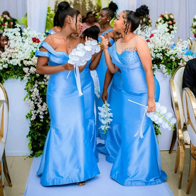 FEN SI Pearl Beaded Mermaid Bridesmaid Dress with sheer neck and tulle fabric, designed by SHOWLU FASHION STORE.