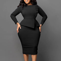 Elegant Office Dresses Women 2024 O Neck Full Sleeve Sheath Solid Package Hips Mid Calf Professional Business Work Wear Dress OL