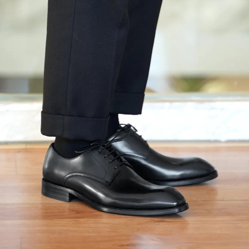 Men's distressed wood grain leather derby shoes with square toe, ideal for office wear and formal occasions, by Showlu Fashion Store