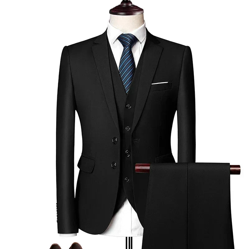 Men's slim fit solid black suit with jacket, vest, and trousers from SHOWLU FASHION STORE, suitable for formal business or tuxedo occasions.