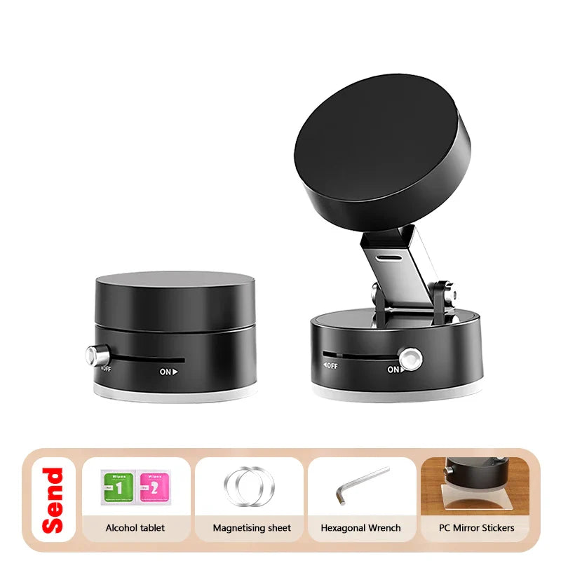 Showlu Mini Magnetic Suction Cup Car Phone Holder attached to a dashboard with iPhone and Android devices mounted securely.