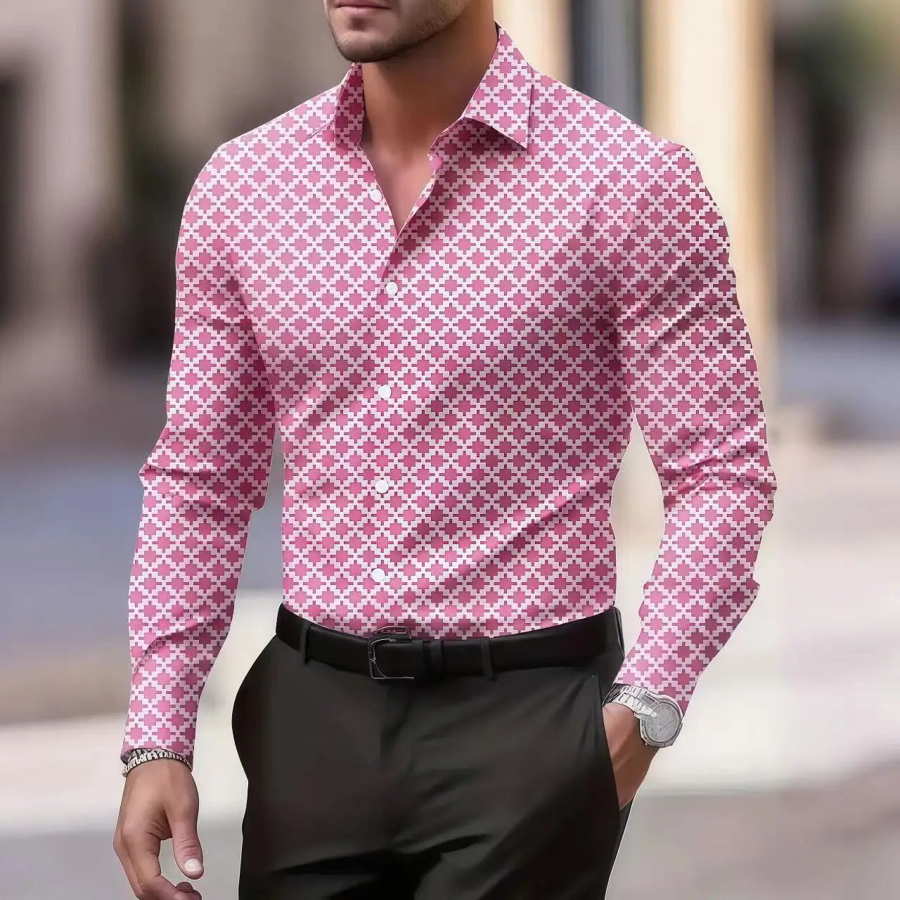 Men's stylish casual long sleeve shirt with breathable fabric, gradient design, turn-down collar, suitable for business or casual wear.