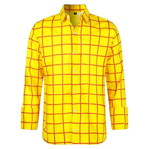 Men's casual plaid long sleeve shirt from Showlu Fashion, featuring 3D printed lapel design in vibrant summer colors.