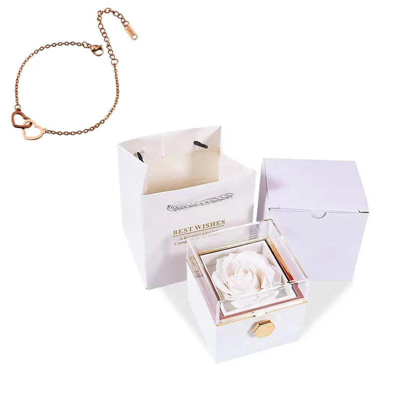 SHOWLU FASHION double heart steel bracelet with eternal rose box, featuring elegant heart-shaped charms and intricate metalwork.
