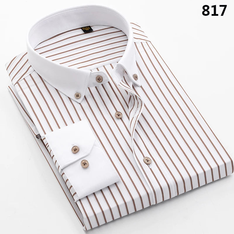 Men's slim fit cotton long sleeve shirt with striped pattern, heterochromatic collar, wrinkle-resistant fabric by Showlu Fashion Store.