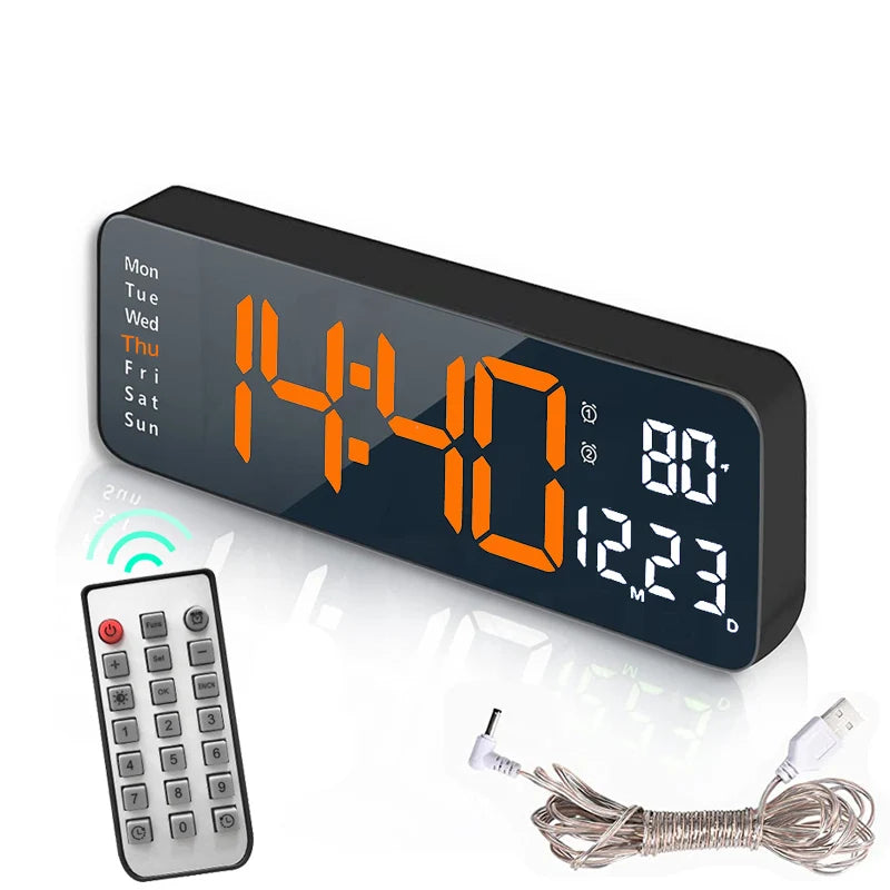 Large LED digital wall clock by Showlu Smart General showing time display with USB alarm feature and modern design.