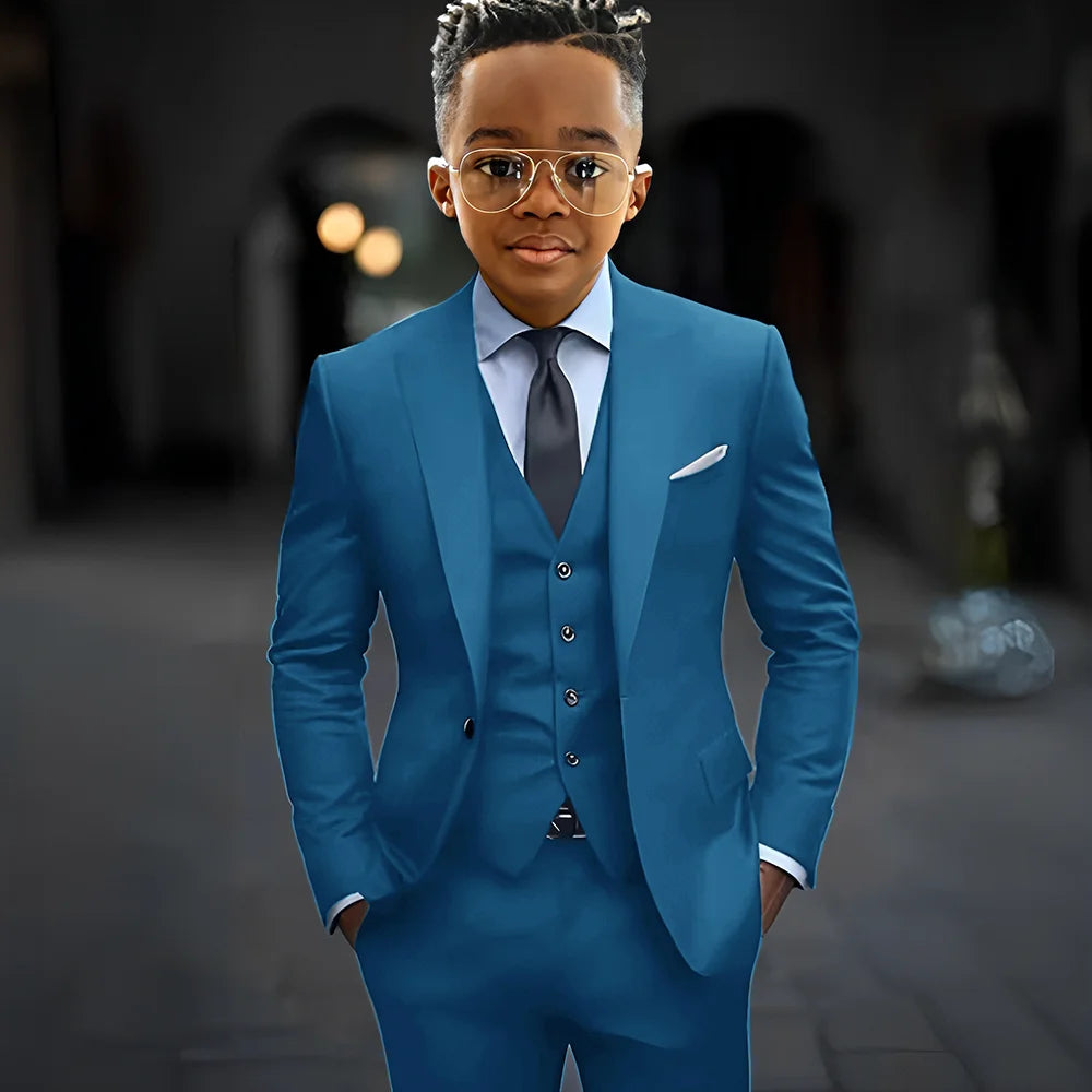 Dark grey boys' suit set with slim fit, single-breasted peak lapel jacket, pants, and vest from Showlu Fashion Store.