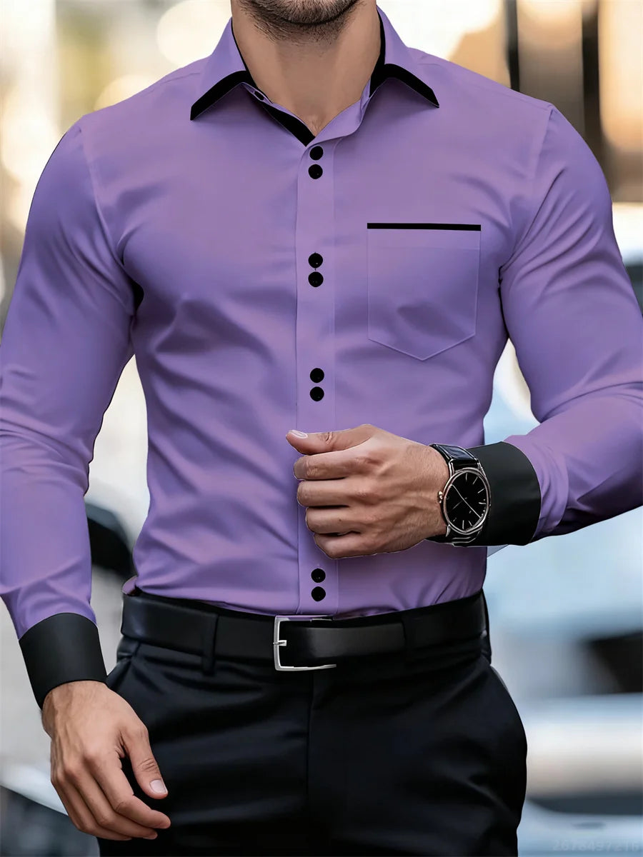 Men's black and white color block collar long sleeve slim fit shirt with patchwork design, wrinkle-free men's fashion top
