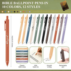 A set of twelve retractable ballpoint pens in various colors, each featuring an inspirational word.
