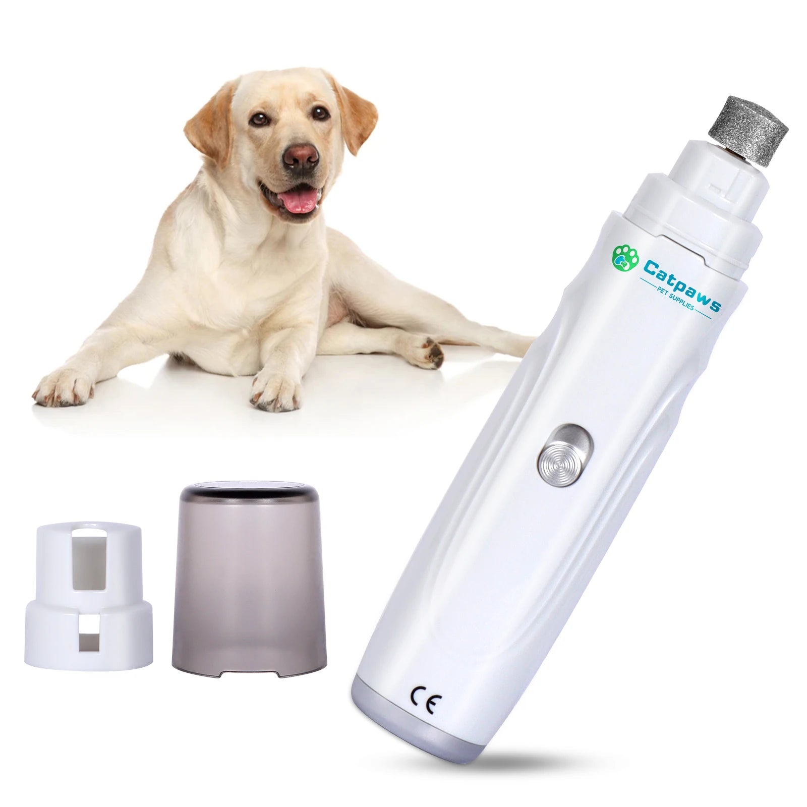 Rechargeable electric dog nail grinder with quiet 2-speed settings for painless pet paw grooming and trimming.