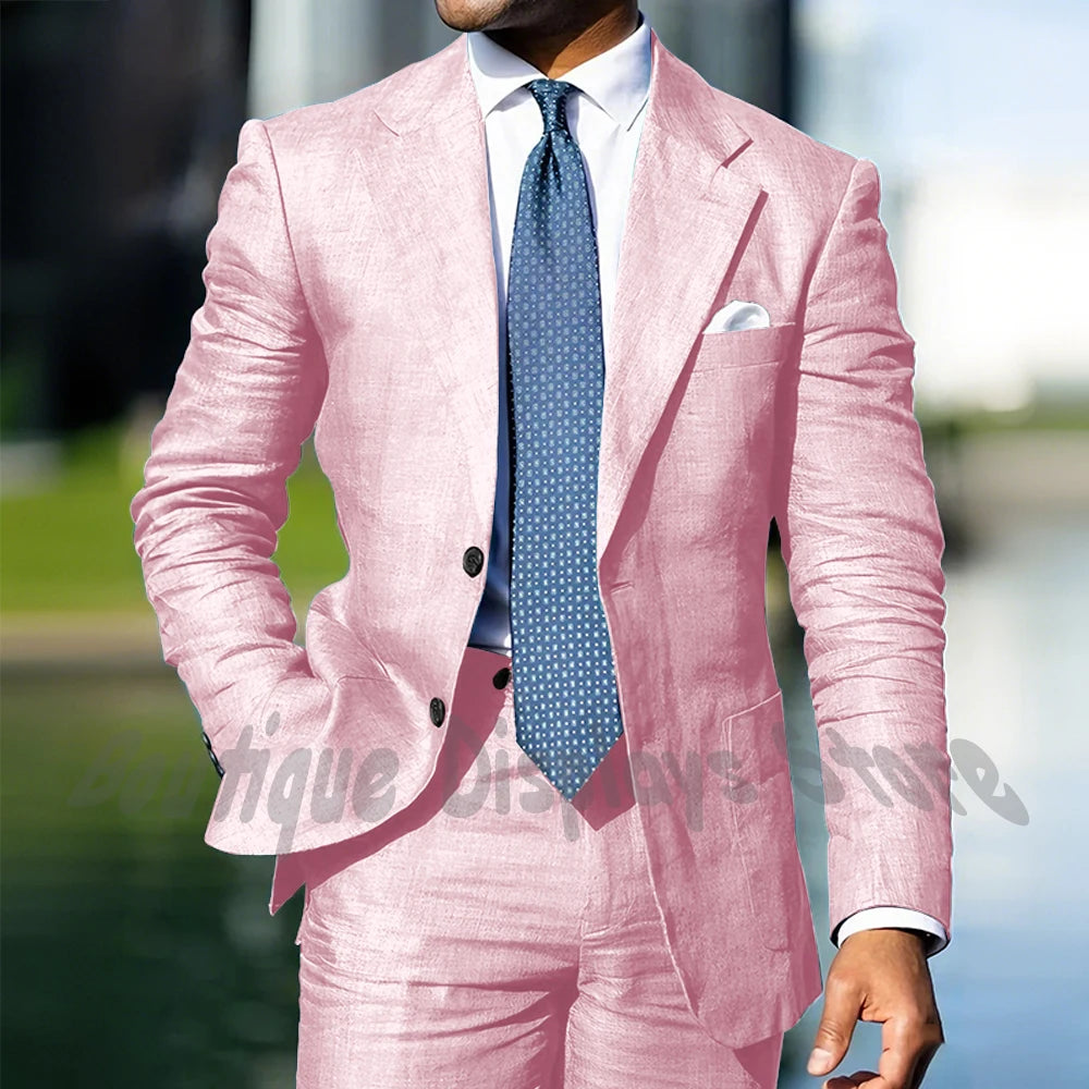 Blue Linen Single Breasted Men Suit Two Pieces(Jacket+Pants) Outfits Casual Party Prom Wedding Set
