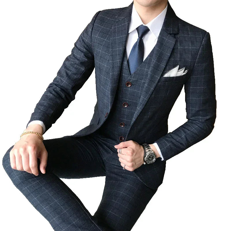 Left view of SHOWLU FASHION STORE men's 3-piece plaid suit featuring a slim fit wedding and business blazer.