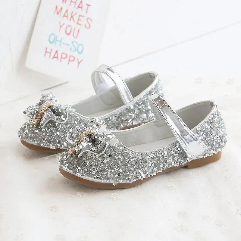 Showlu Girls Sequin Rhinestone Princess Flats made of PU leather, featuring sparkling sequins and rhinestones for stylish kids' shoes.