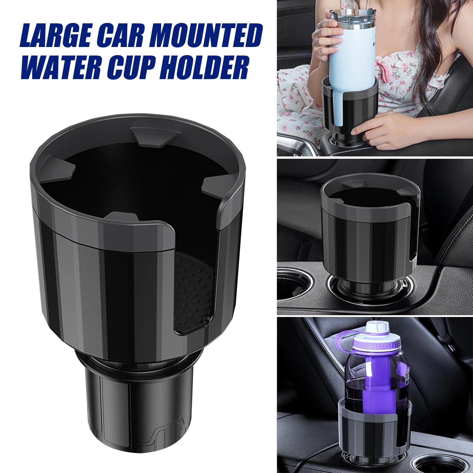 Showlu Smart General car cup holder expander attached to vehicle, expanding cup holder space for larger bottles and containers.