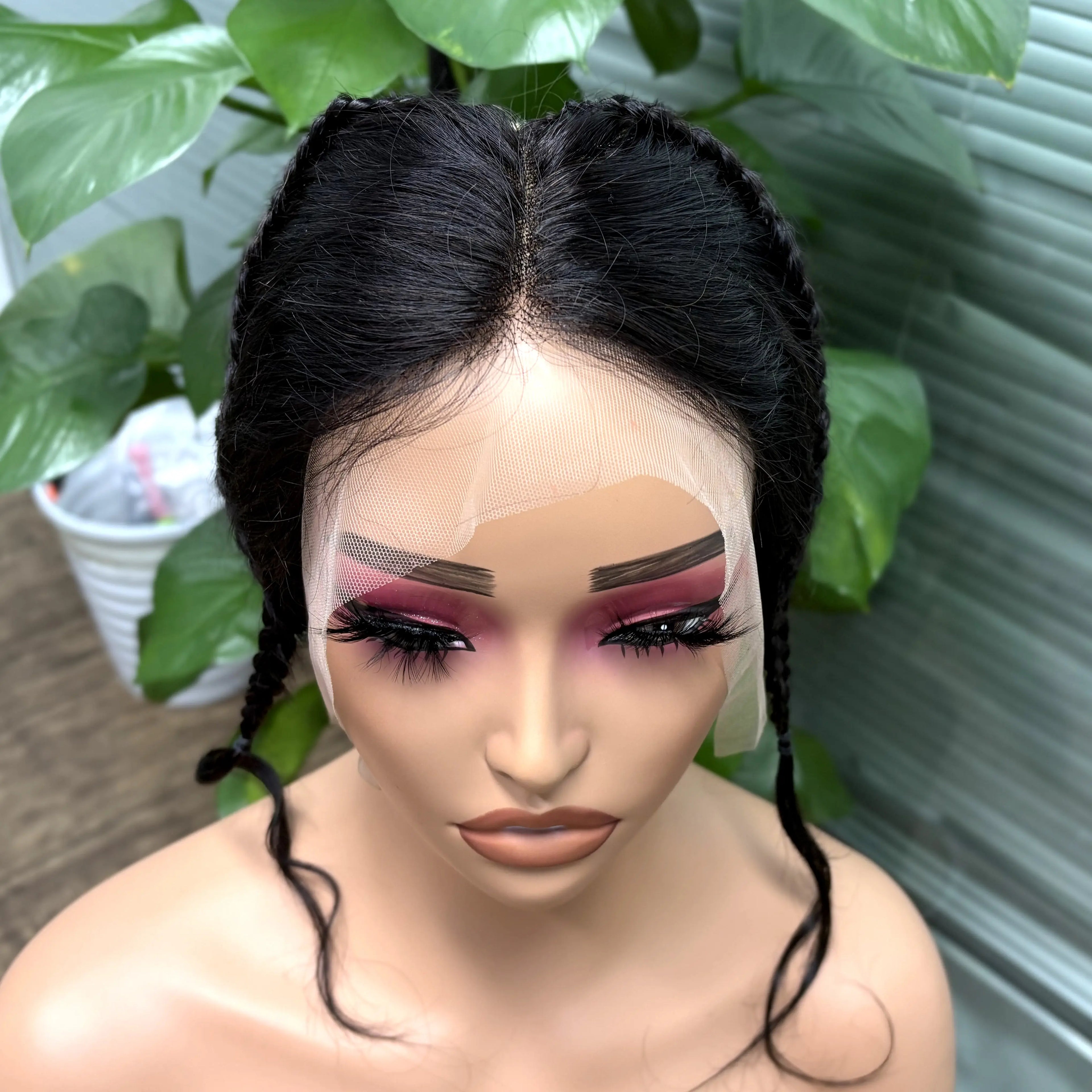 MISHELL 13x4 transparent lace frontal with 10-inch braided Brazilian Remy hair, showcasing detailed lace and braided hair strands.