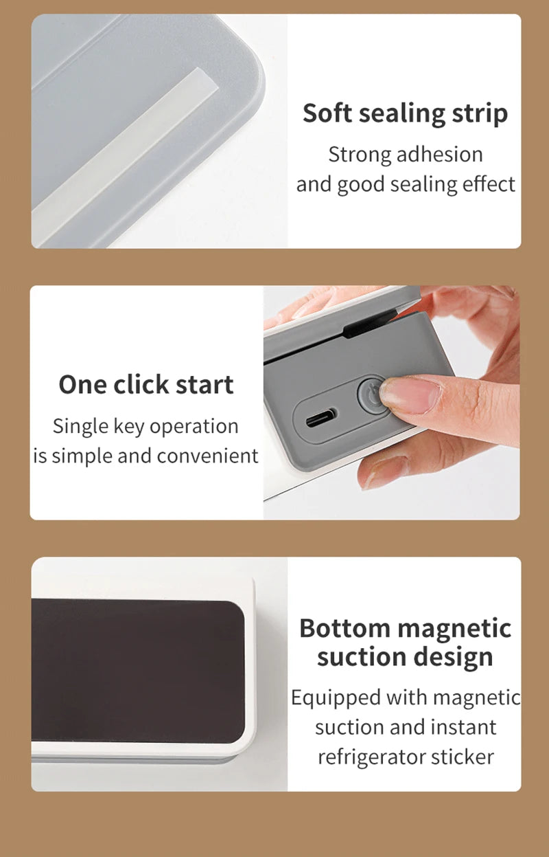 Showlu Smart General Mini Bag Sealer in black, compact design with sealing clip and power button for preserving food freshness.