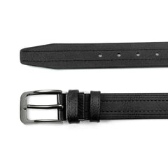 A black leather belt with a dark metal pin buckle and double loops.
