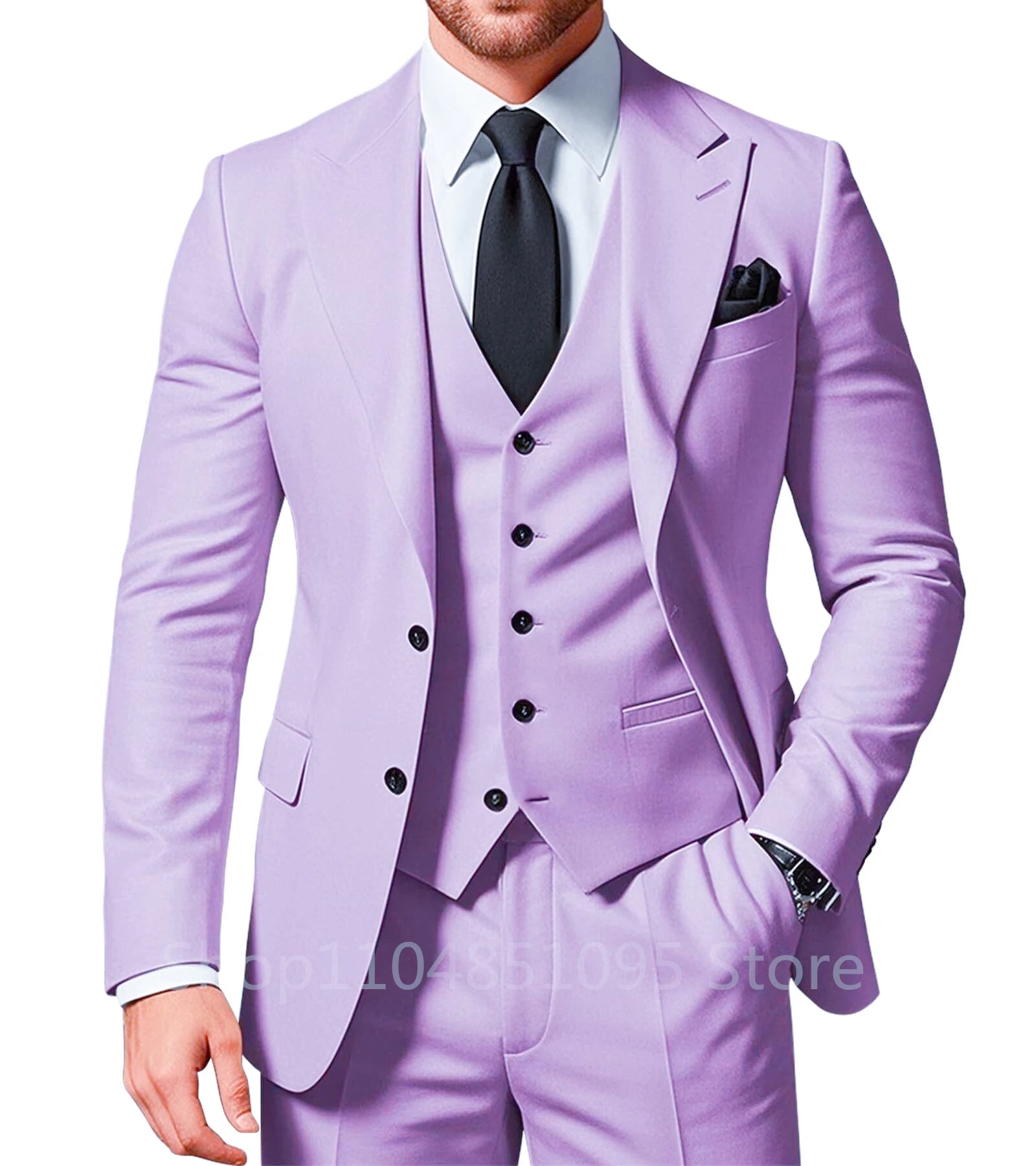 Solid men's wedding suit set with peak lapel tuxedo jacket, pants, and vest, ideal for formal groom or prom occasions.