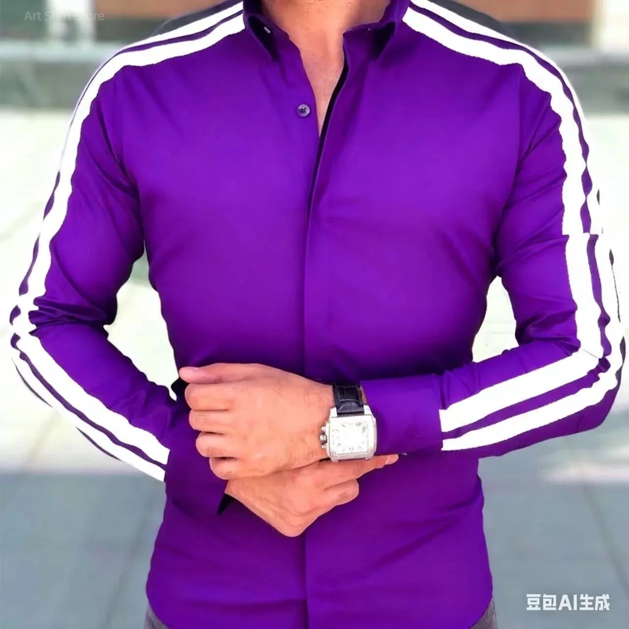 Showlu men's stripe long sleeve shirt made of bamboo fiber, casual and business top with stylish horizontal stripes.