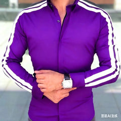 A man wears a long-sleeved purple button-down shirt featuring two white stripes running along each shoulder and sleeve.