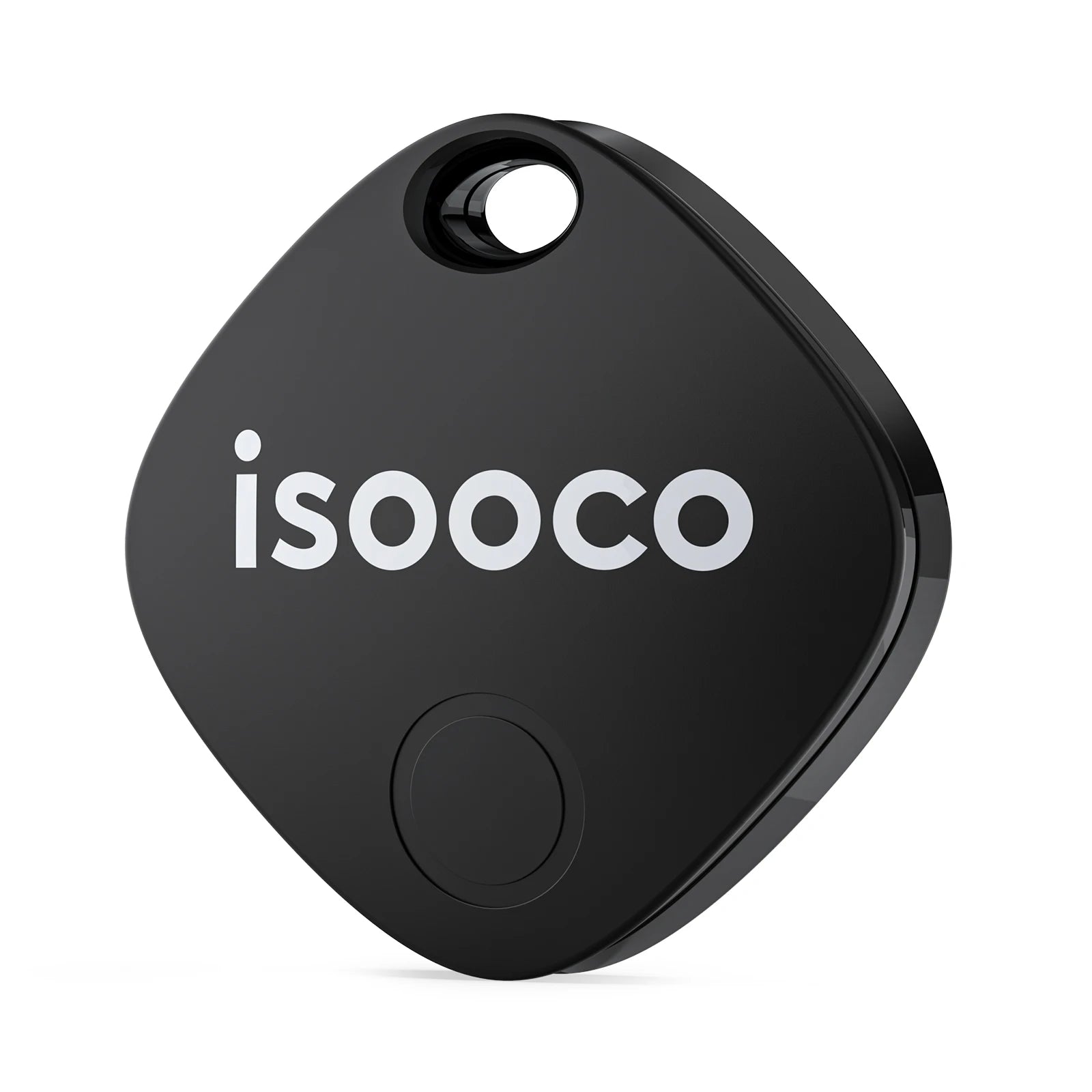 Isooco Smart Key Finder by Showlu Smart General, waterproof Bluetooth tracker for iOS, showing the device attached to keys.