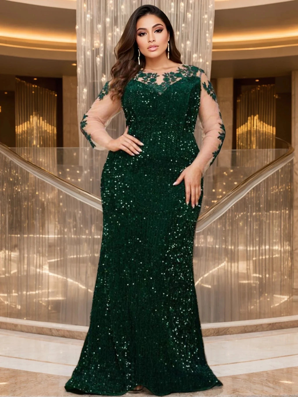 SHOWLU FASHION STORE Romagic blue sequin evening dress with long sleeves and mesh mermaid gown style, elegant for formal events.