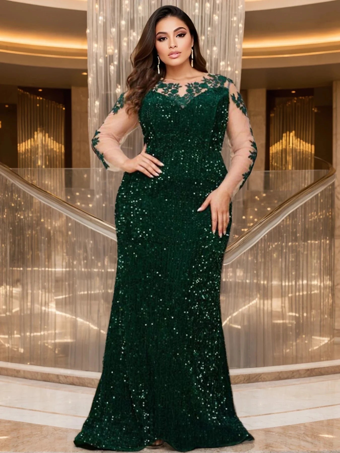 SHOWLU FASHION STORE Romagic blue sequin evening dress with long sleeves and mesh mermaid gown style, elegant for formal events.