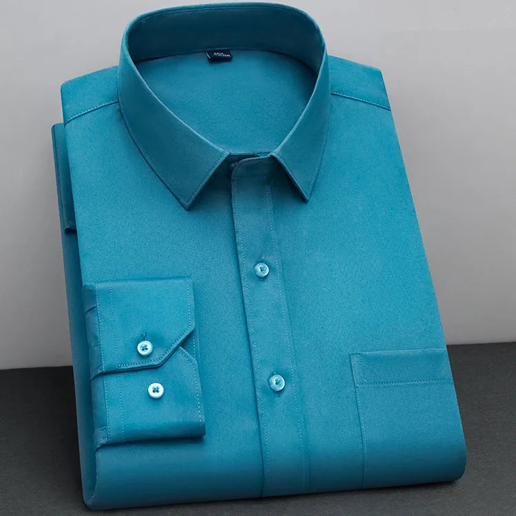 Showlu Fashion BAMBOOPLE men's non-iron long sleeve shirt with solid color, anti-wrinkle, and business casual style.