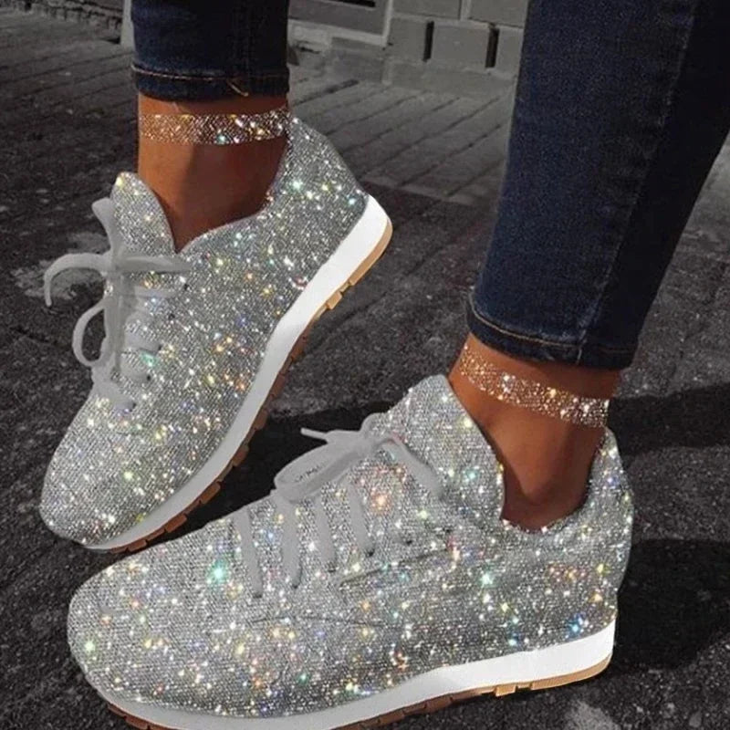 SHOWLU FASHION STORE women's bling flat sneakers with casual mesh slip-on design, featuring shiny embellishments and comfortable fit.
