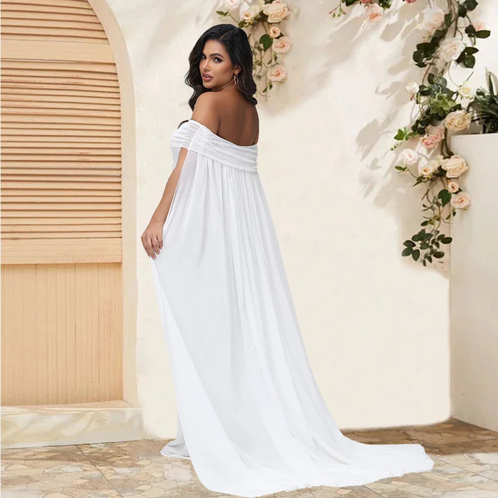 Showlu maternity photography dress in mesh chiffon with a flowing maxi gown, designed for photoshoots and special occasions.