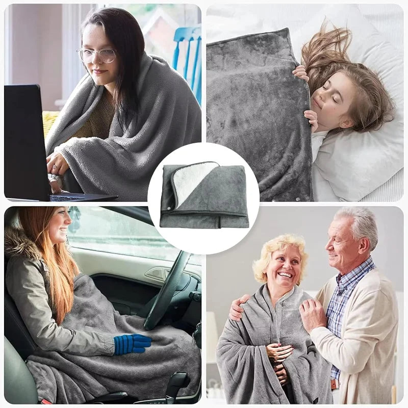 Showlu Smart General USB heated blanket shawl with three-level electric warmth, shown draped over a cozy setting.