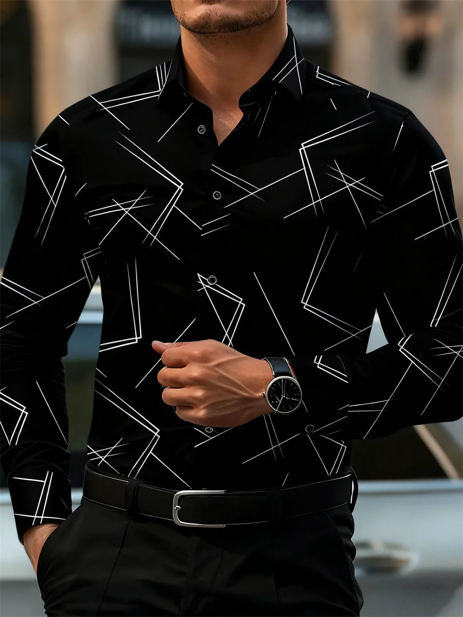 Men's slim fit long-sleeved shirt with geometric line print, casual business style, non-iron, versatile fashion design by Showlu Fashion Store