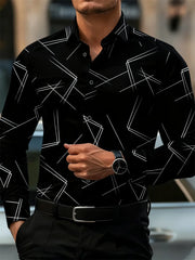 Men's trendy geometric line print long-sleeved shirt Business casual fashion design slim fit non-iron versatile ins style shirt