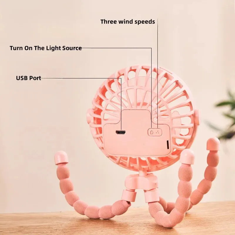 Showlu portable octopus mini fan with USB rechargeable design, ideal for baby strollers and personal cooling.