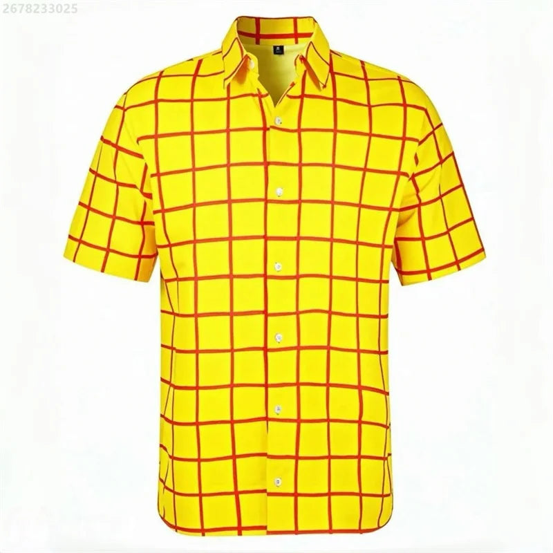 Men's short-sleeved Hawaiian plaid shirt in red and blue, casual breathable fabric, featuring a lapel, suitable for streetwear and vacations.
