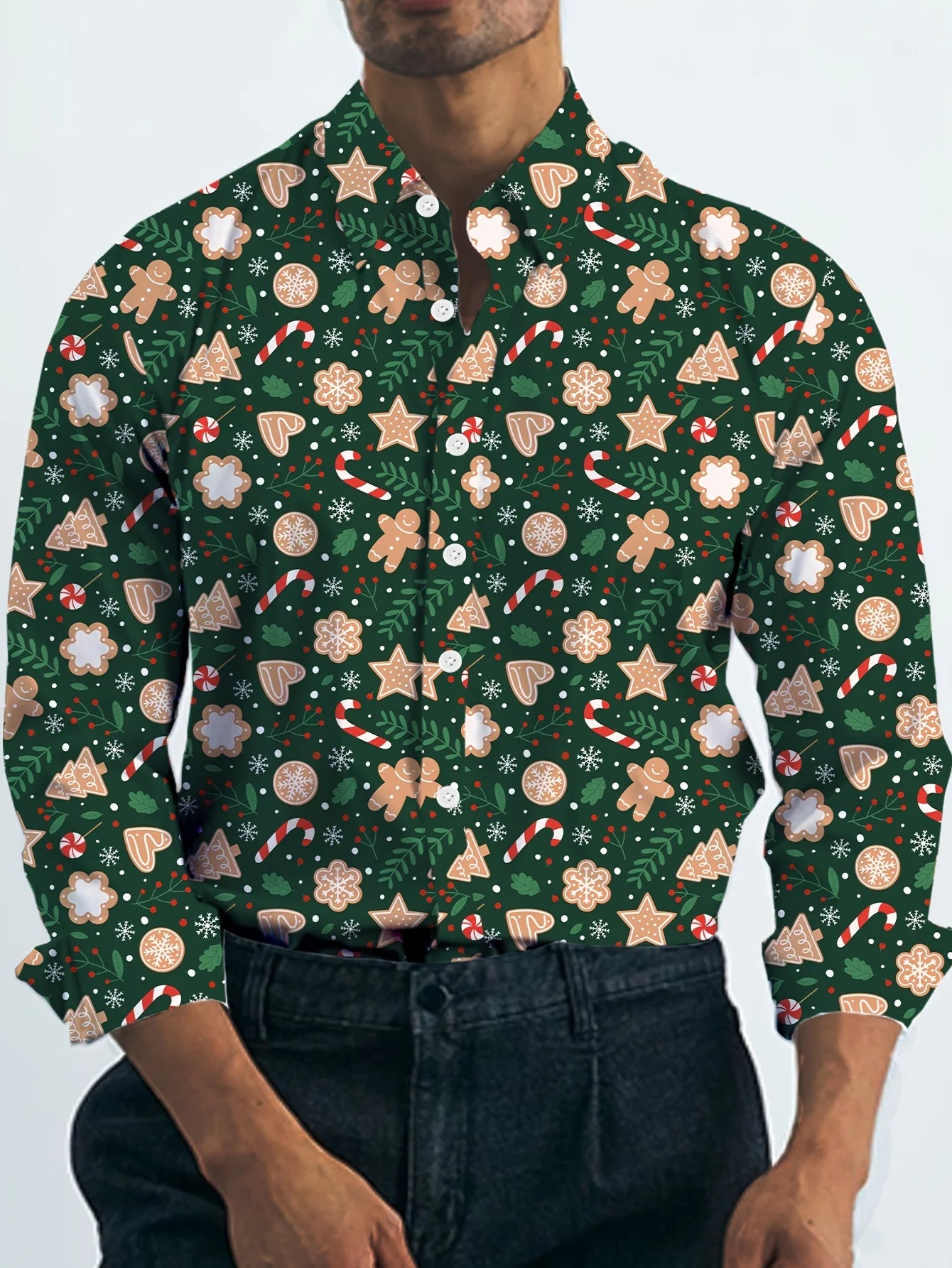 Men's Christmas festival themed 3D printed long sleeve shirt with Santa Claus and Christmas tree graphics by Showlu Fashion Store.