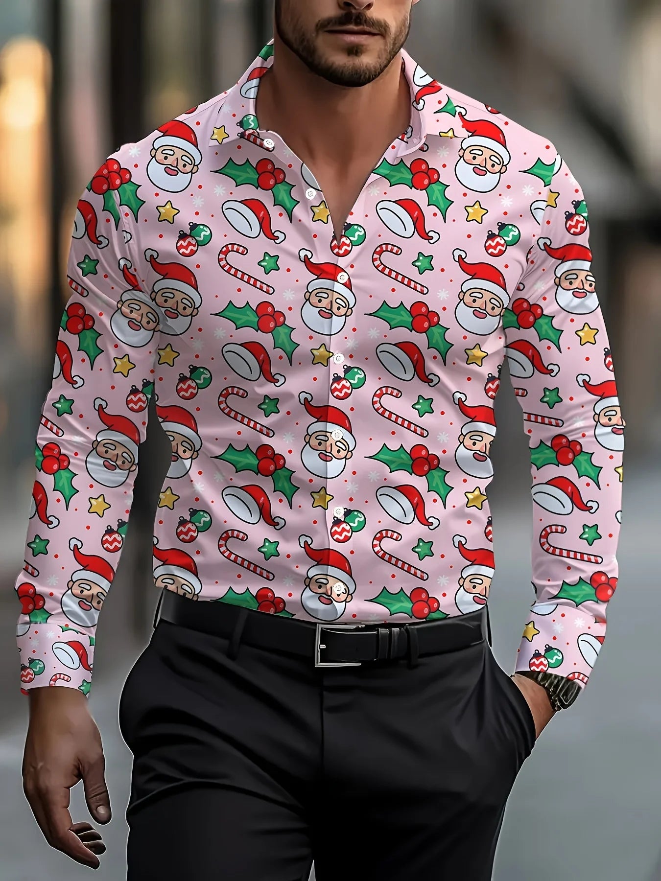 Men's Christmas festival themed 3D printed long sleeve shirt with Santa Claus and Christmas tree graphics, stylish formal shirt by Showlu Fashion