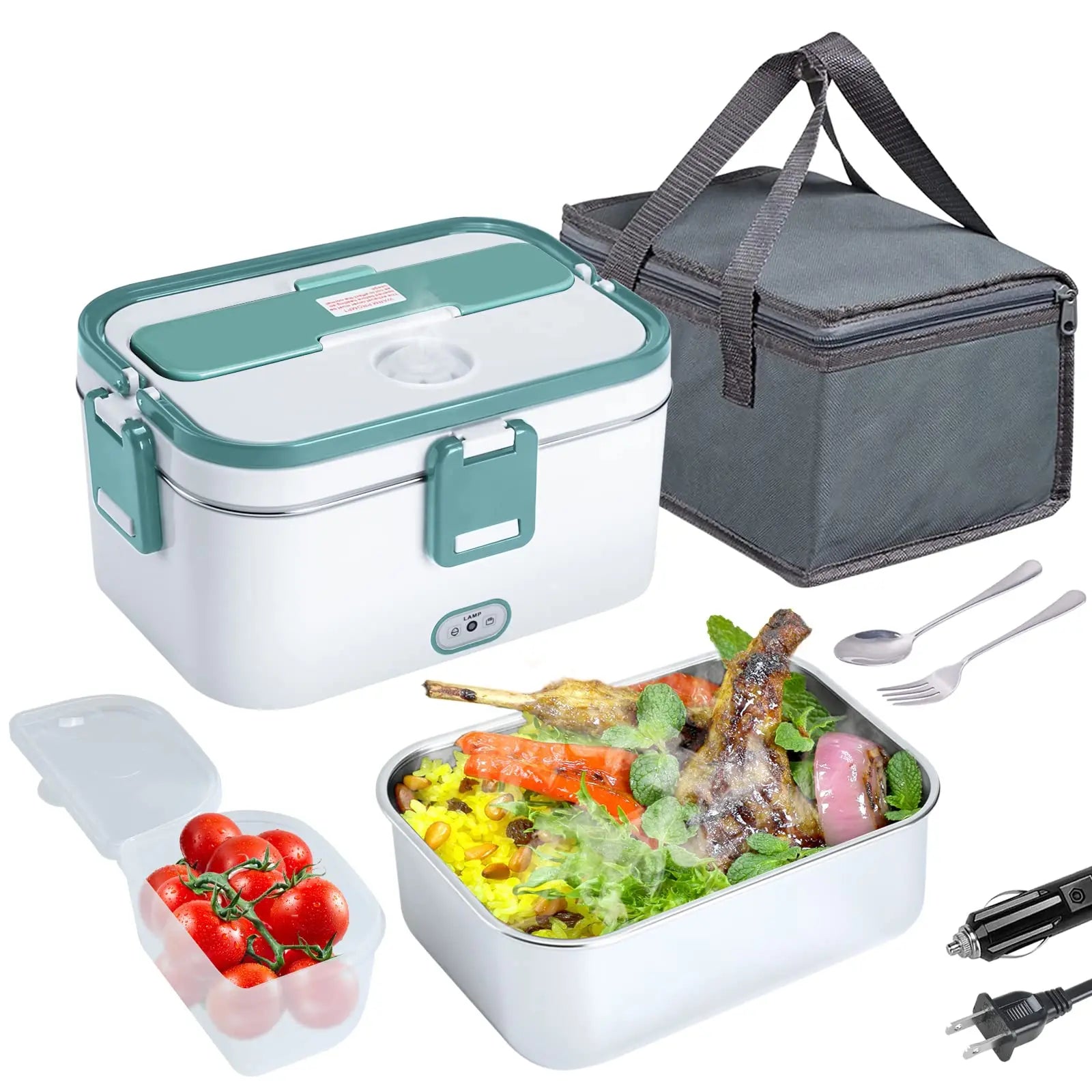 SHOWLU 1.8L stainless steel electric lunch box with food warmer, compatible with 12V, 24V, and 110V power sources.