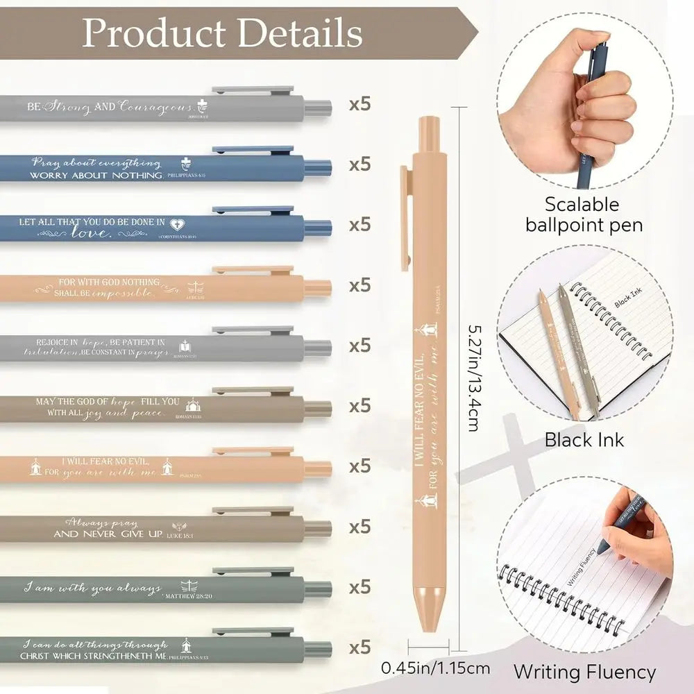 Set of Showlu Fashion Store Christian spiral notebooks and Bible verse pens with colorful covers and inspirational scripture designs.