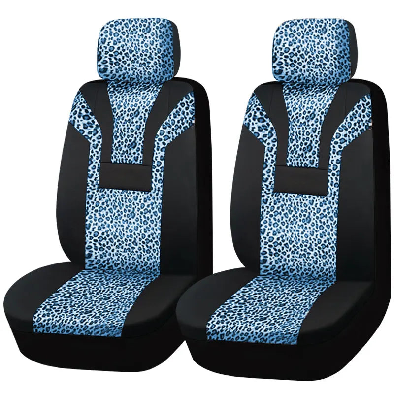 Leopard print plush car seat covers by AUTO PLUS, winter interior set, featuring soft, stylish fabric for comfortable vehicle seating.